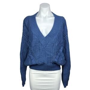 Urban Outfitters LARGE Blue Chunky Cable Knit Long Sleeve V-Neck Sweater Top